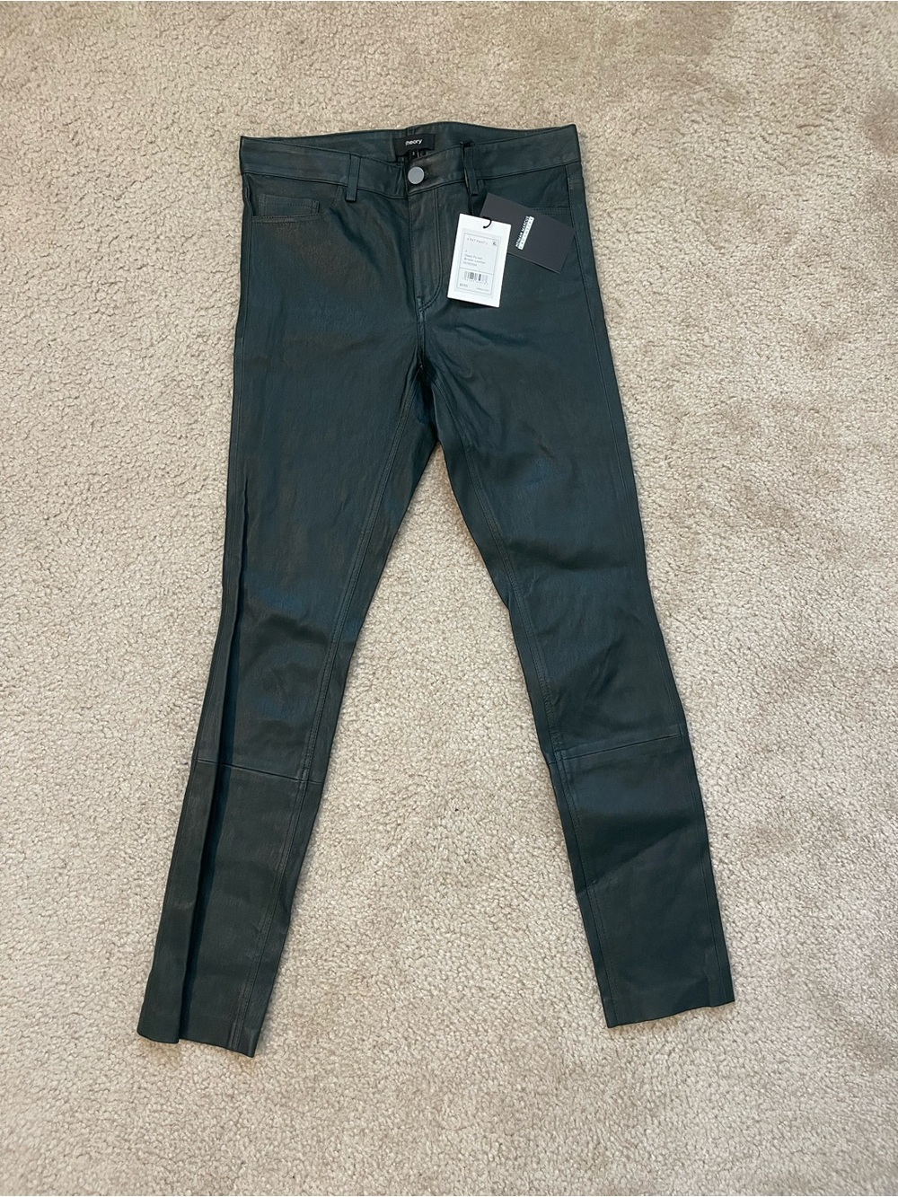 Theory womans forest green leather Skinny pants